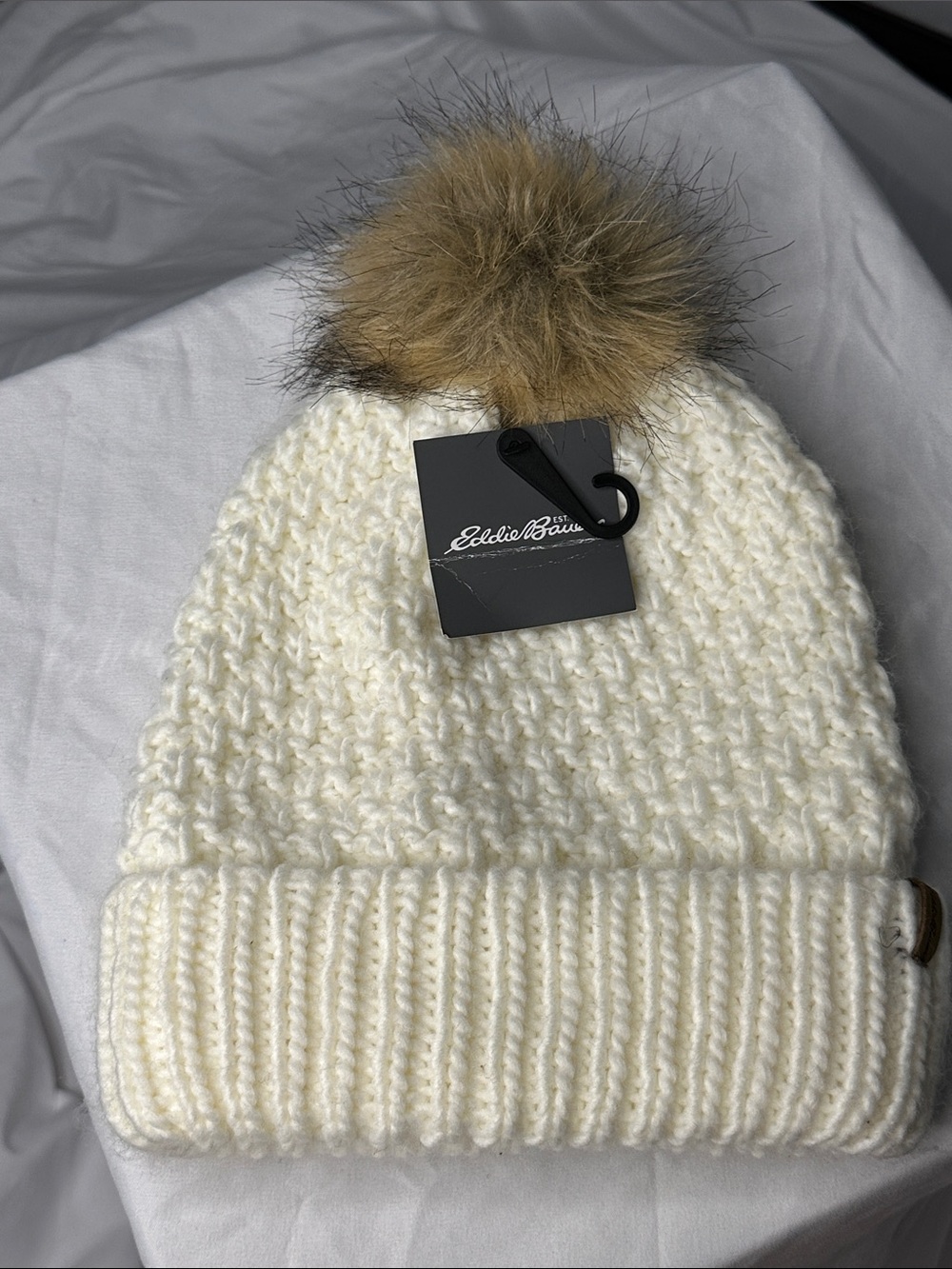Eddie Bauer Cream Knit Beanie with Brown Faux-Fur Pom